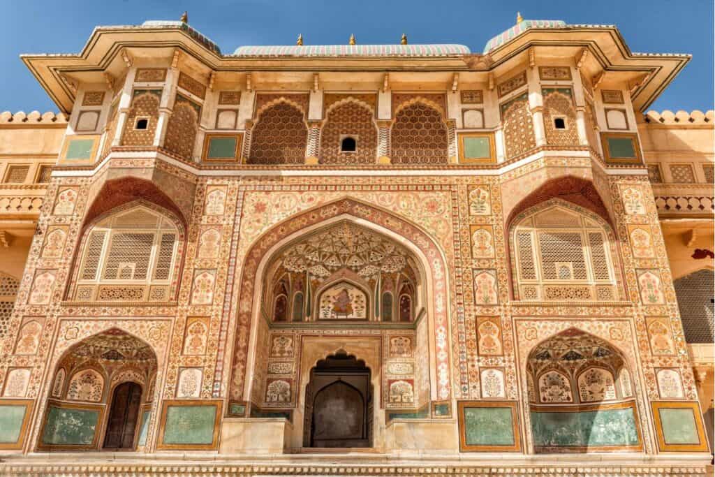 view of fully painted entrance of palace at Amber Fort in Jaipur