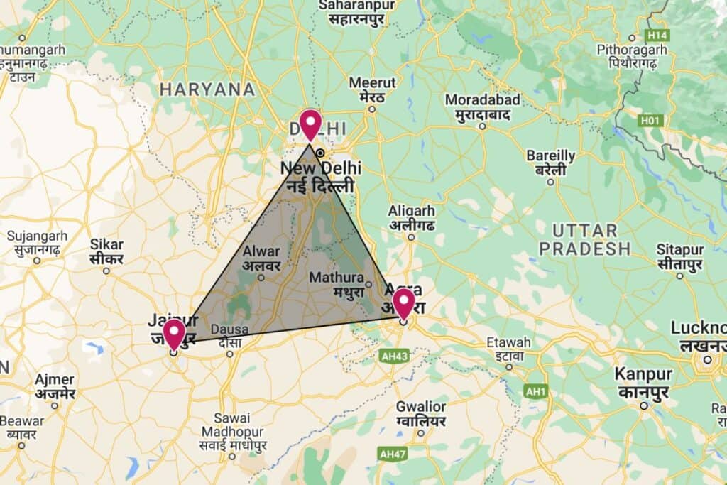 Map with India's Golden Triangel marked