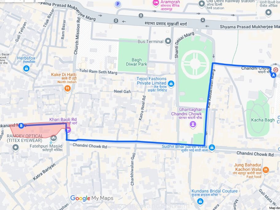 map indicating route from the metro station to Khari Baoli in Old Delhi