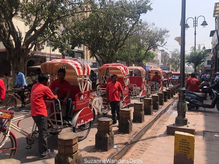 line up of cycle rickshaws waiting on Chandni Chowk